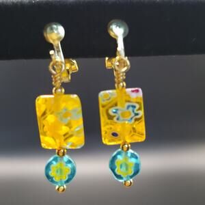 Millefiori Glass Beads Lever-Back Gold Clip On Drop Earrings 1 inch Handmade